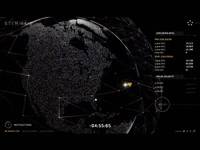 Wireframe Globe HUD with "EXPLOSION INTEL" Panel and Countdown