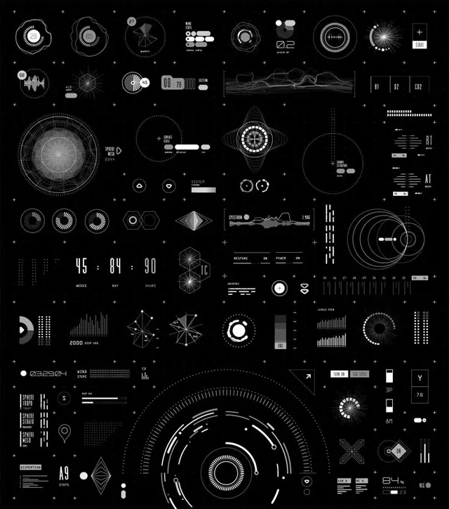 Monochrome Futuristic HUD & Data-Visualization Elements Sheet