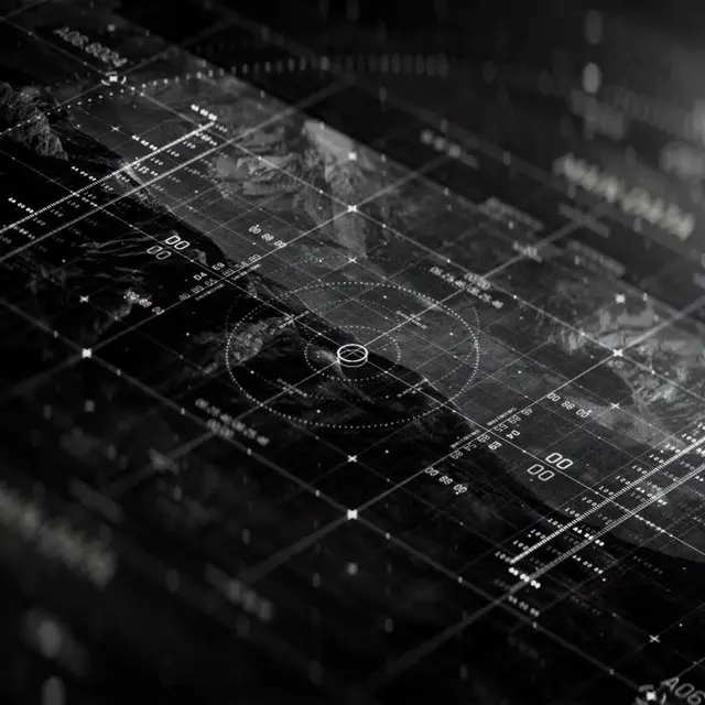 Monochrome HUD-style Topographic Wireframe with Radar Rings