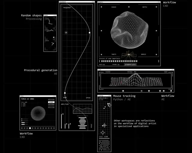Monochrome generative art UI — wireframe sphere, heightmap and waveform panels