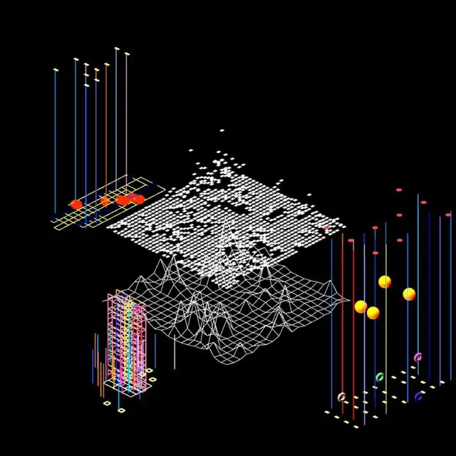 Isometric neon data layers with wireframe terrain