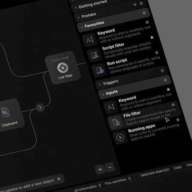 Dark-mode Alfred workflow editor — list & script filter nodes