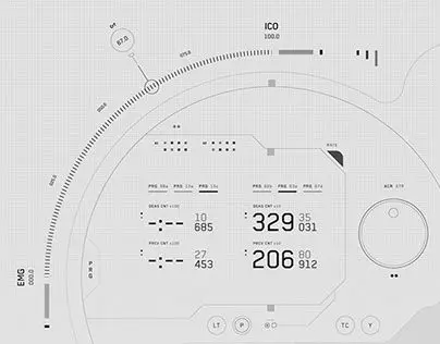 Monochrome sci‑fi HUD dashboard with semicircular progress arc and numeric readouts