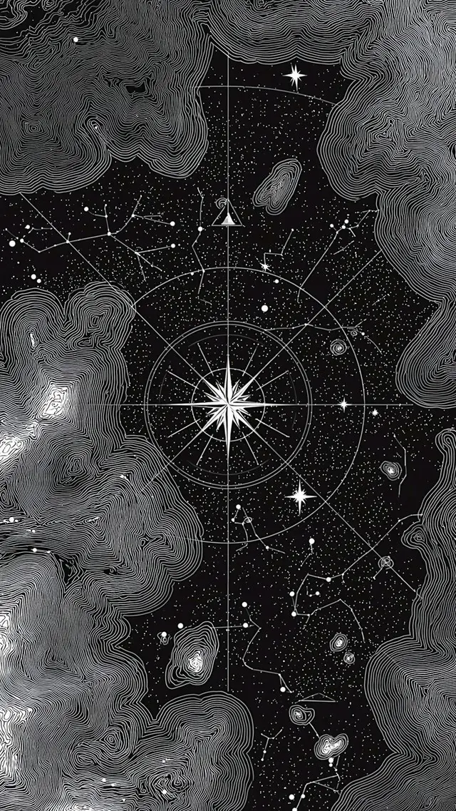 Monochrome Celestial Map with Compass Rose and Contour Nebulae