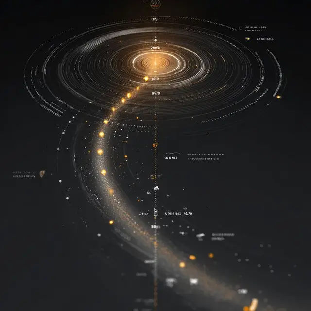 Futuristic orbital infographic with glowing gold core and particle trail
