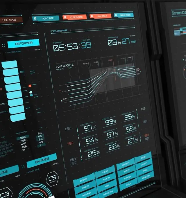 Matte-black sci‑fi touchscreen dashboard with teal telemetry HUD