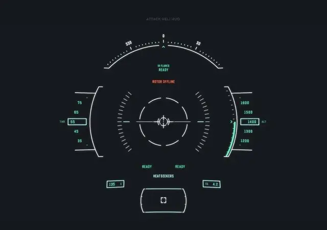 Attack helicopter HUD overlay with central targeting reticle