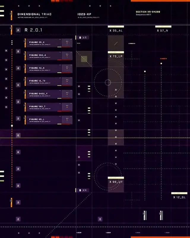 Dark sci‑fi HUD layout with labeled module panels and grid reticles