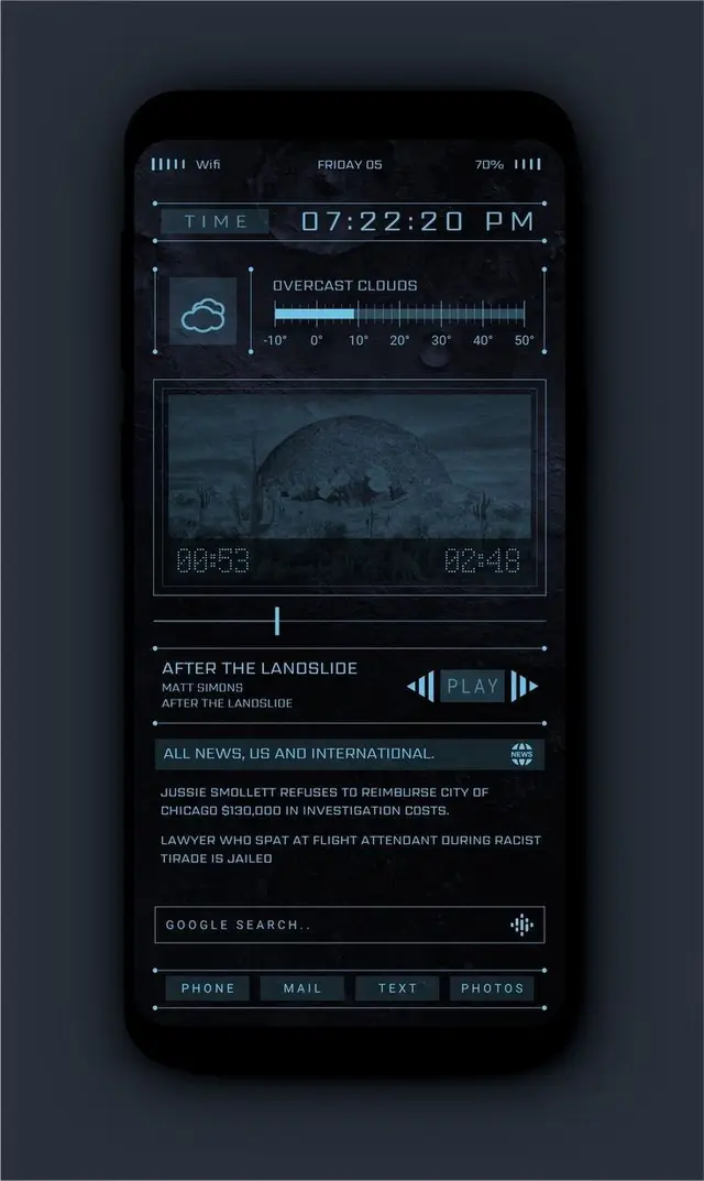 Futuristic Dark-Cyan Smartphone UI — Time, Weather, Music & News