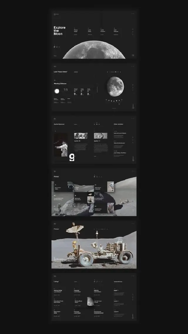 Explore the Moon — dark-mode lunar website UI mockup