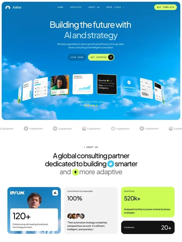 Aeline — AI consulting SaaS landing page (cloud-gradient hero)