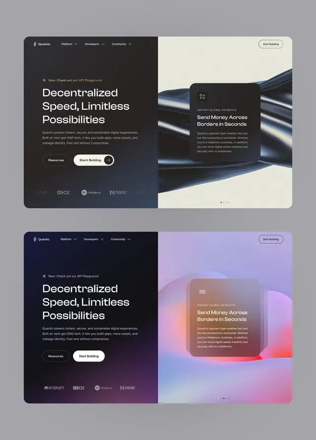 Quantic split-screen fintech landing page — 'Decentralized Speed, Limitless Possibilities'
