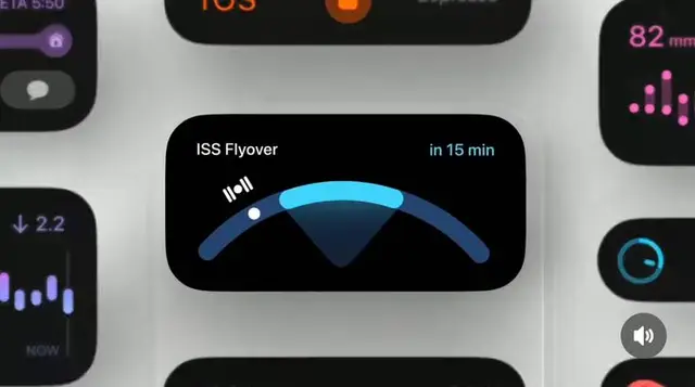 ISS Flyover countdown widget — dark UI card with blue arc