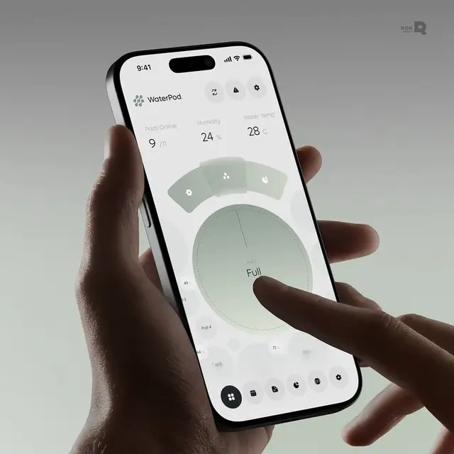 WaterPod mobile app UI on smartphone — circular water-monitoring dial