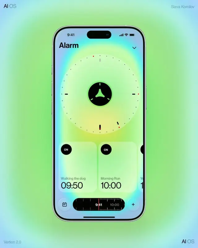 Glowing green iOS alarm app concept with circular dial
