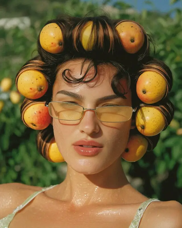Sunlit fashion portrait with yellow nectarines used as hair curlers