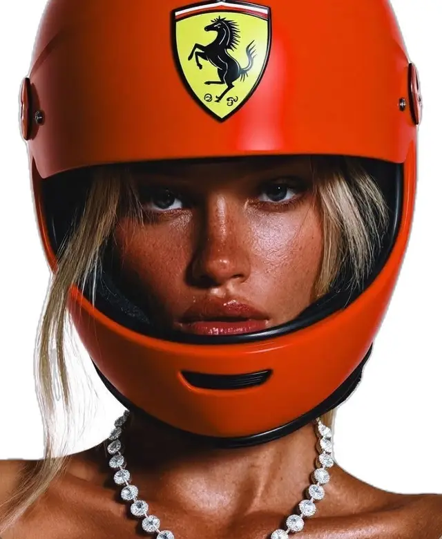 Glossy orange Ferrari helmet — fashion portrait with diamond necklace