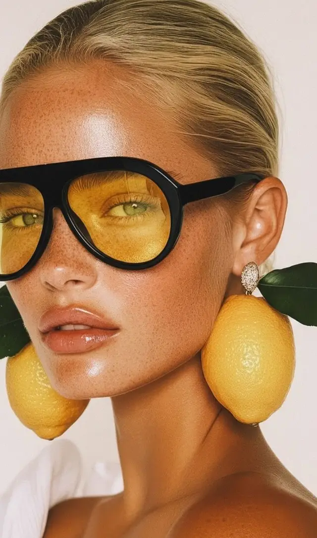 Beauty portrait with lemon earrings and yellow-tinted sunglasses