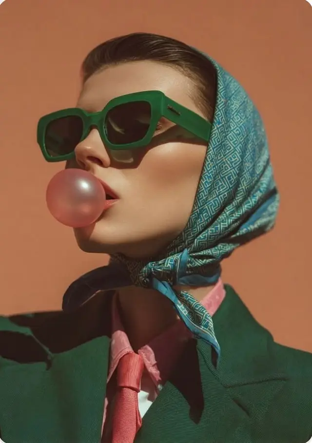 Retro fashion portrait — green sunglasses, teal patterned headscarf, pink bubble
