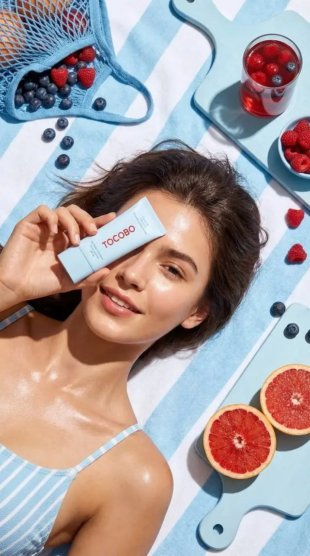 TOCOBO face cream on blue-striped towel with grapefruit and berries