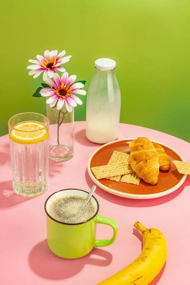 Pastel Breakfast Still Life — Croissant, Enamel Mug & Banana