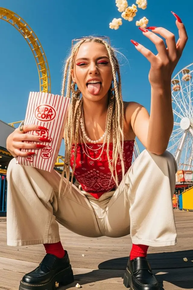 Playful pier portrait — woman tossing popcorn at amusement park