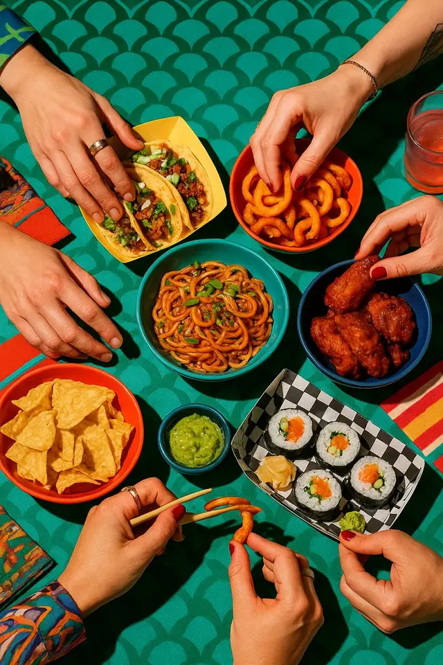 Colorful snack spread — tacos, sushi, udon, wings and curly fries on teal scallop table