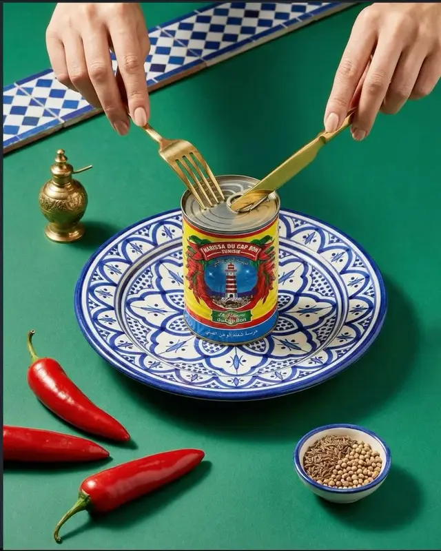 Can of Harissa du Cap Bon on Blue-and-White Ceramic Plate — Styled Food Still Life