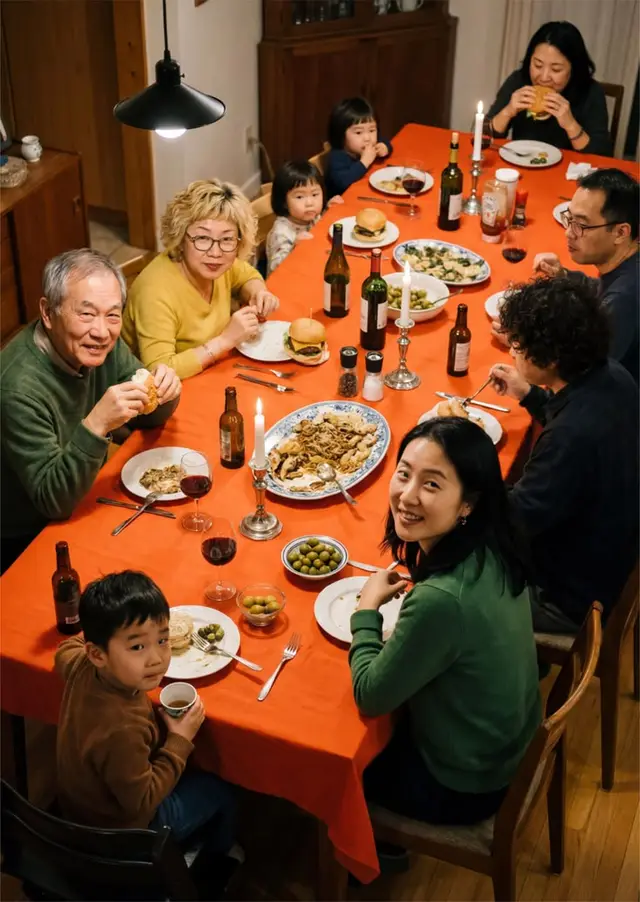Multigenerational family dinner around red-orange tablecloth with burgers and wine