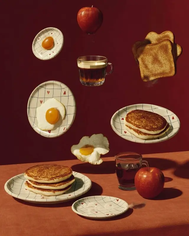 Floating Breakfast Still Life with Heart-Grid Ceramic Plates