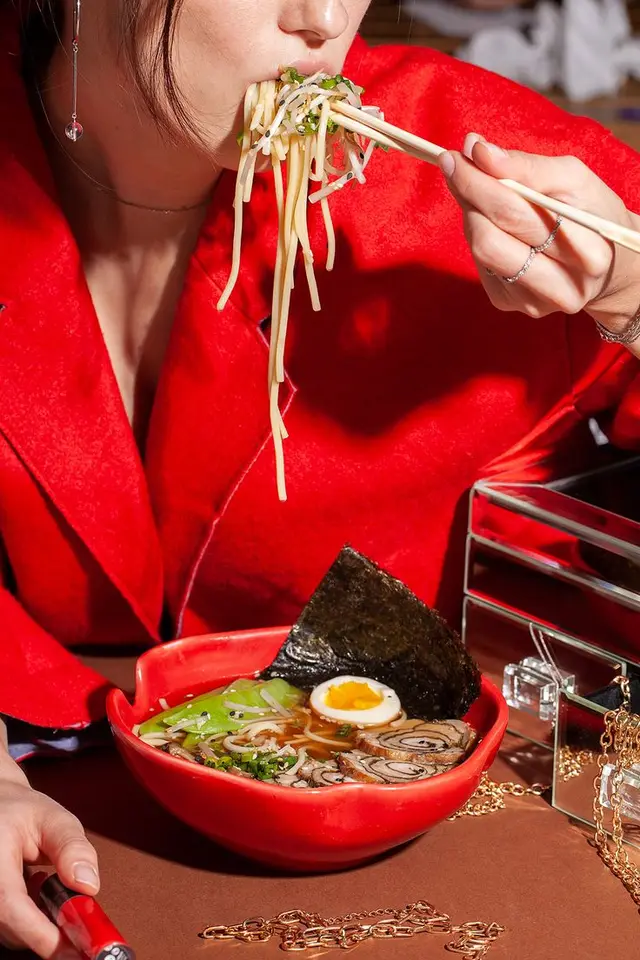 Red Satin Fashion‑Ramen Editorial — Red Ceramic Bowl with Soft‑Boiled Egg & Nori