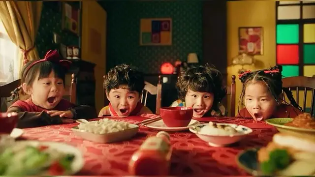 Four children excited at a red-tablecloth family meal with bowls of dumplings