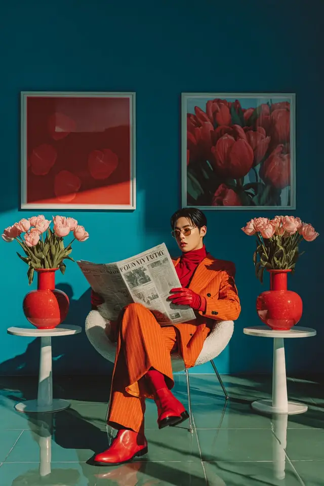 Retro Fashion Editorial — Orange Pinstripe Suit with Red Accents