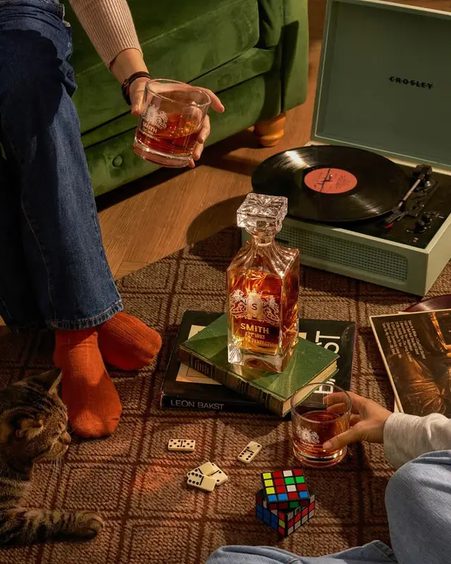 Cozy Vinyl Night — Crosley Turntable, Crystal Decanter labeled 'SMITH' and Rubik's Cube