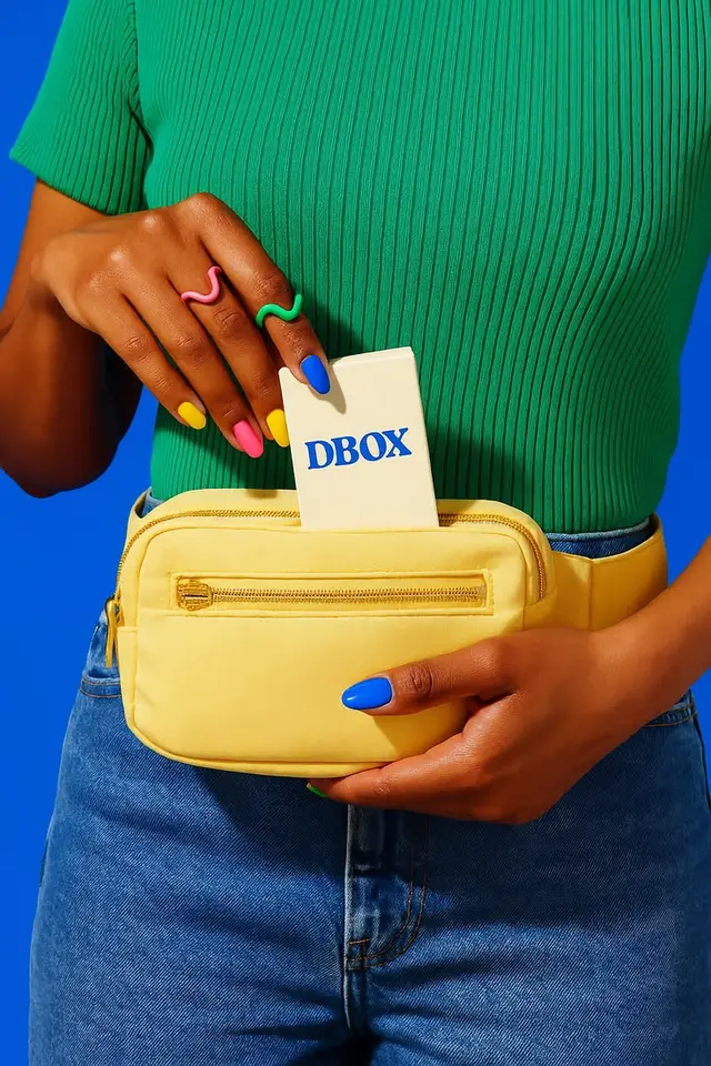 Yellow belt bag with 'DBOX' card and colorful manicure
