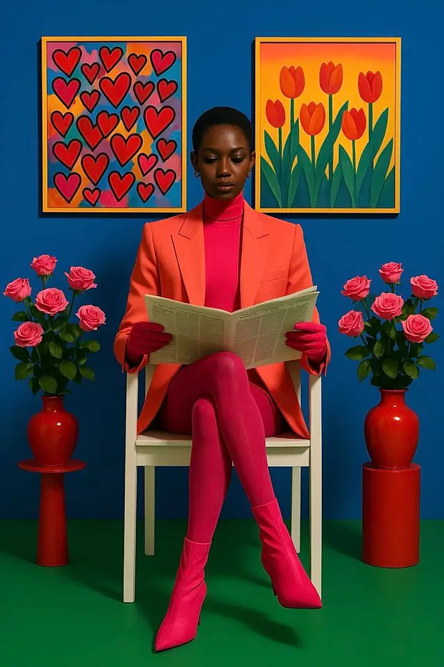 Color‑blocked fashion portrait with heart and tulip paintings