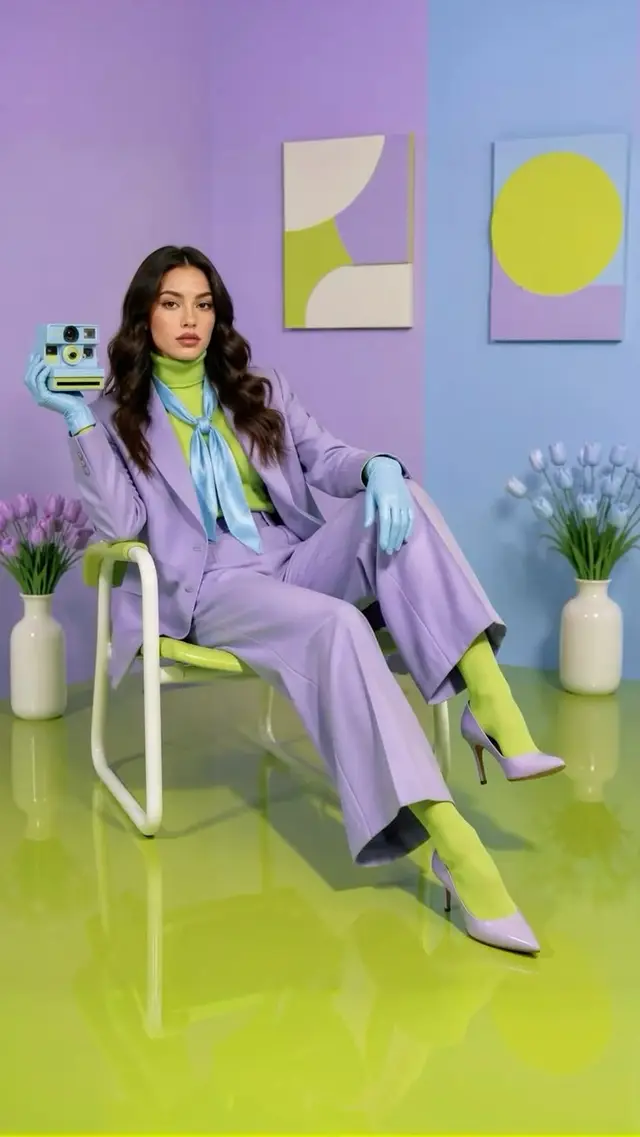 Lavender Suit and Lime Color‑Block Fashion Editorial
