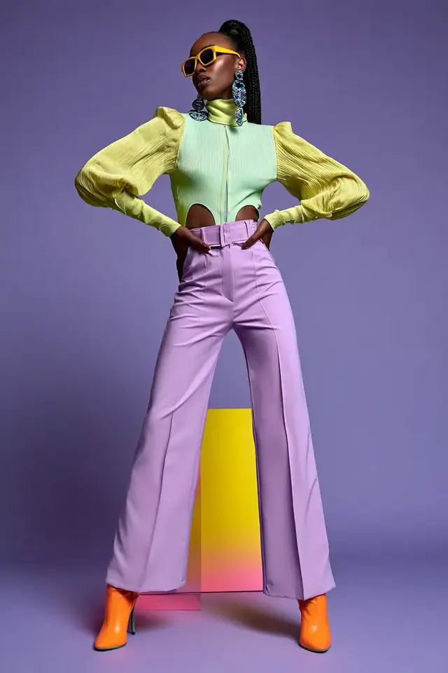 Neon color-block editorial: chartreuse cutout top and lavender wide-leg trousers