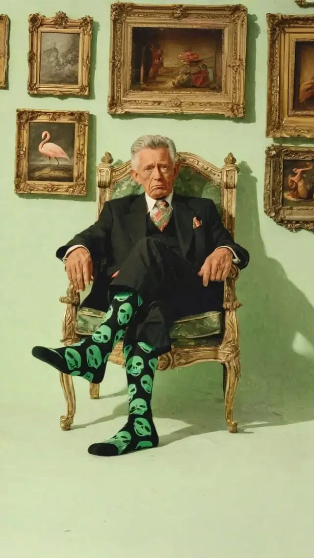 Dapper Gentleman in Gilded Armchair with Neon-Green Skull Socks