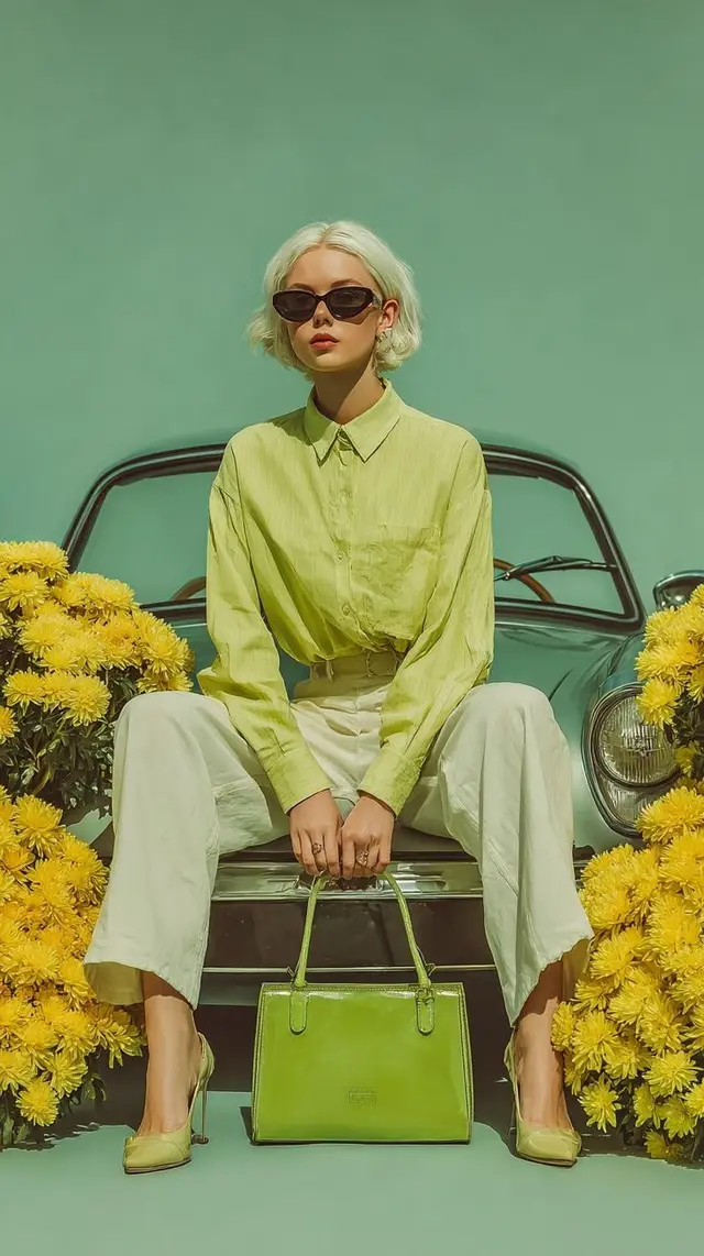 Lime-green fashion editorial with vintage convertible and yellow chrysanthemums