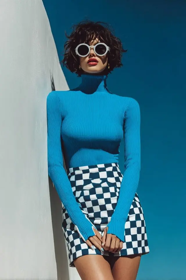 Model in cobalt ribbed turtleneck and black-and-white checkerboard mini skirt, white round