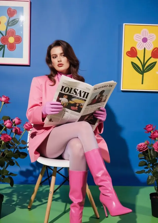Pink editorial — model reads newspaper in pop-art studio