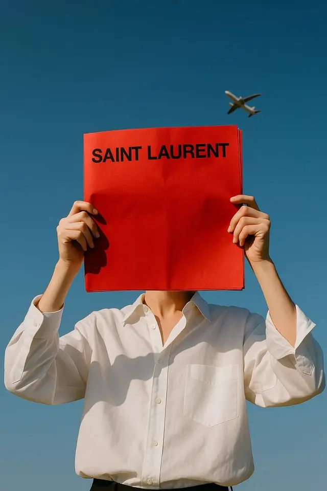 Saint Laurent red booklet held over face — editorial fashion photo
