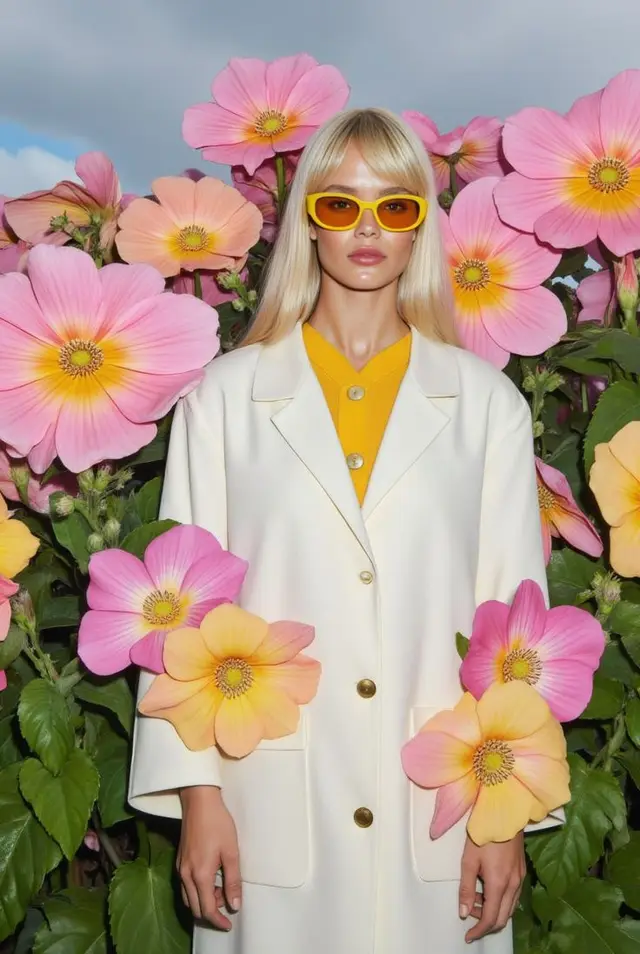 Ivory Coat and Yellow Sunglasses Portrait with Oversized Pink Flowers