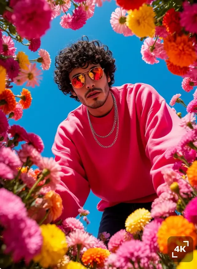 Low-Angle Portrait in Pink Sweatshirt Framed by Vibrant Flowers