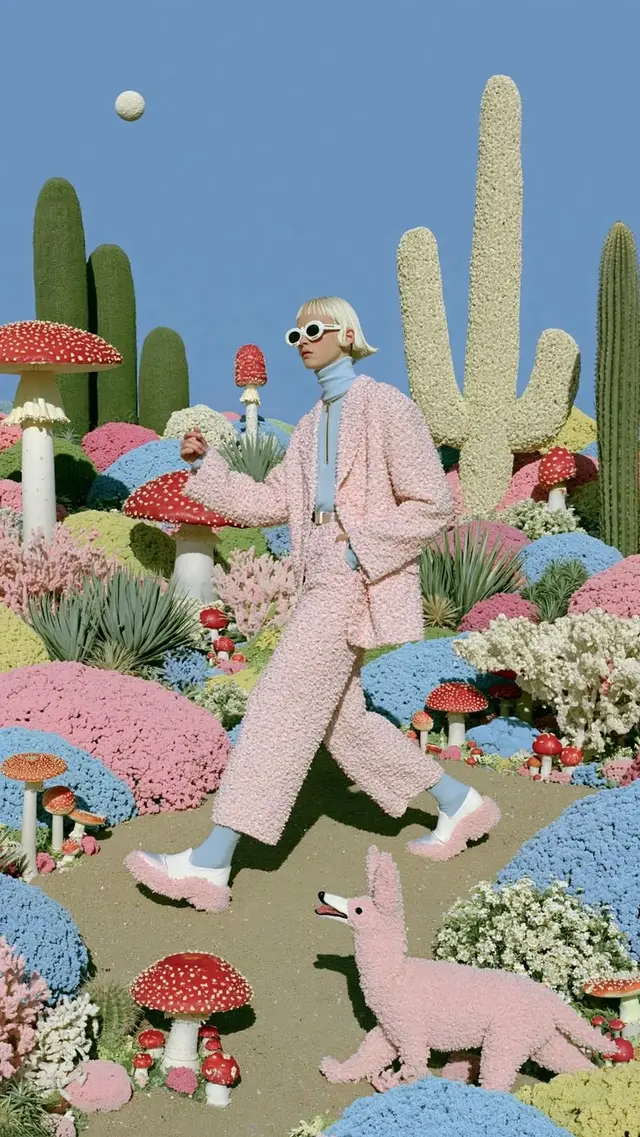 Pastel bouclé suit in surreal mushroom garden