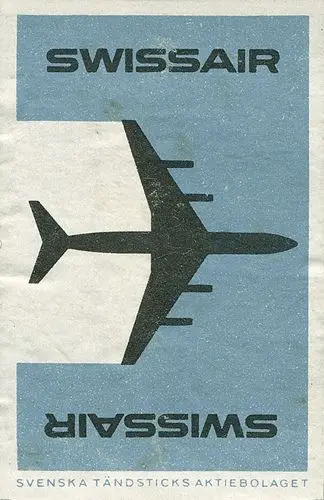 Vintage Swissair matchbox label — airplane silhouette (Svenska Tändsticks Aktiebolaget)