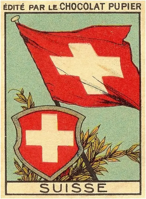 Édité par le Chocolat Pupier — Suisse (vintage Swiss flag trade card)