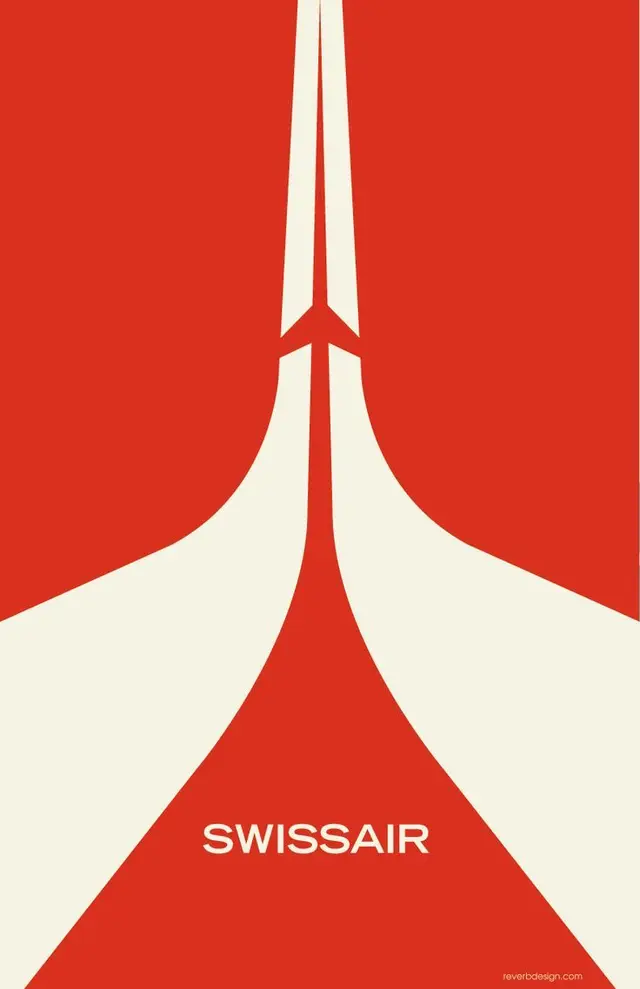 Swissair vintage-style takeoff poster — red and cream graphic