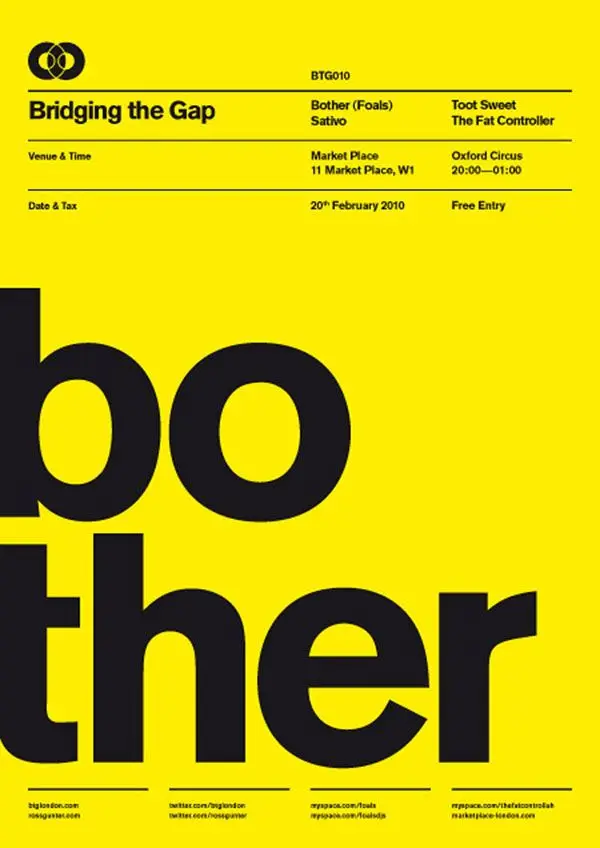 Bridging the Gap — yellow music event poster with oversized 'bother' typography